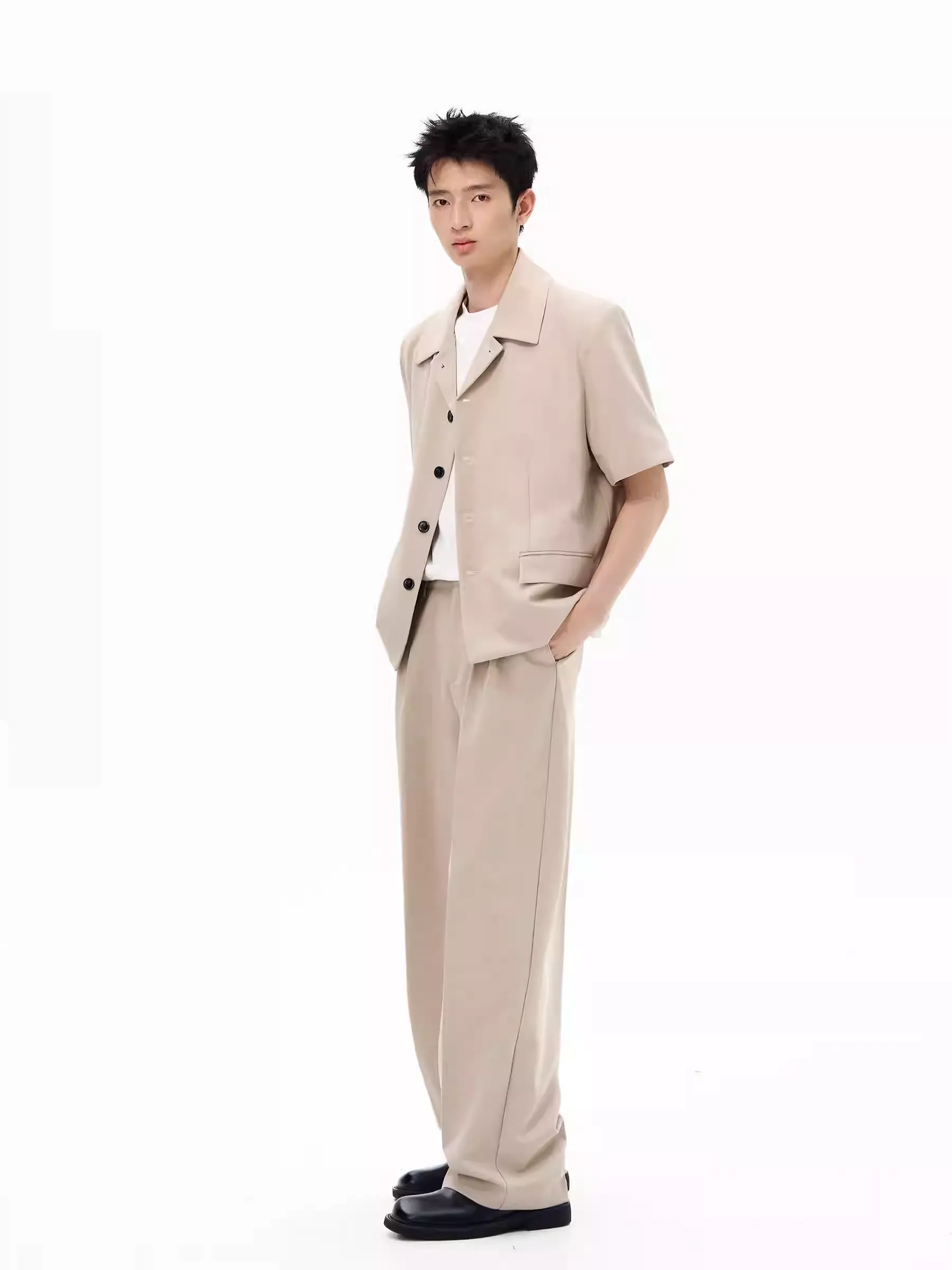Open Collar Button Shirt and Mid-Waist Straight Pants Two-Piece Set - Image 7