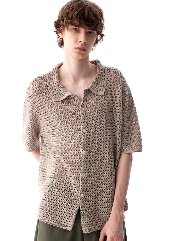 Open Knit Button Down Short Sleeve Shirt with Collar - Image 3
