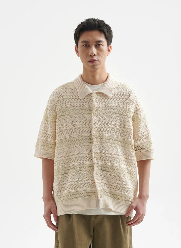 Open Knit Button-Up Shirt with Ribbed Hem