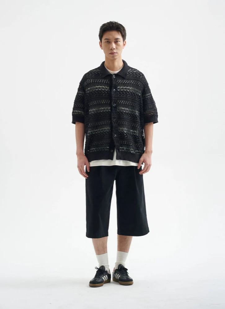 Open Knit Button-Up Shirt with Ribbed Hem - Image 10