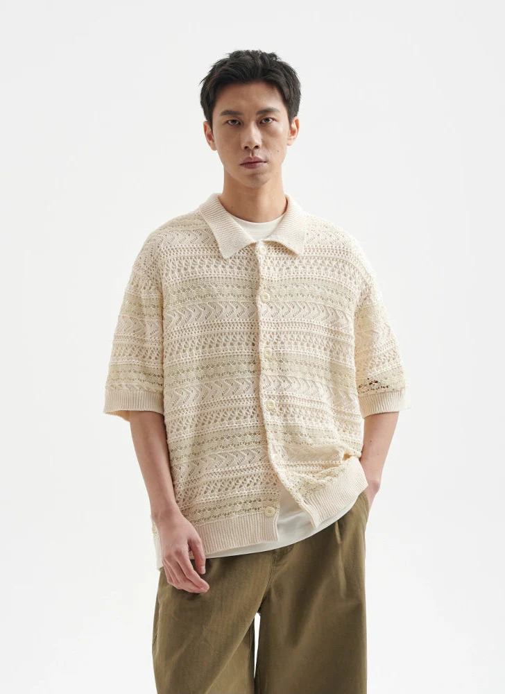 Open Knit Button-Up Shirt with Ribbed Hem - Image 2