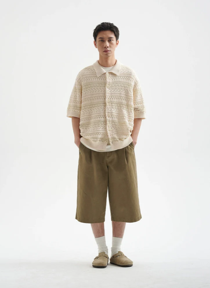 Open Knit Button-Up Shirt with Ribbed Hem - Image 3