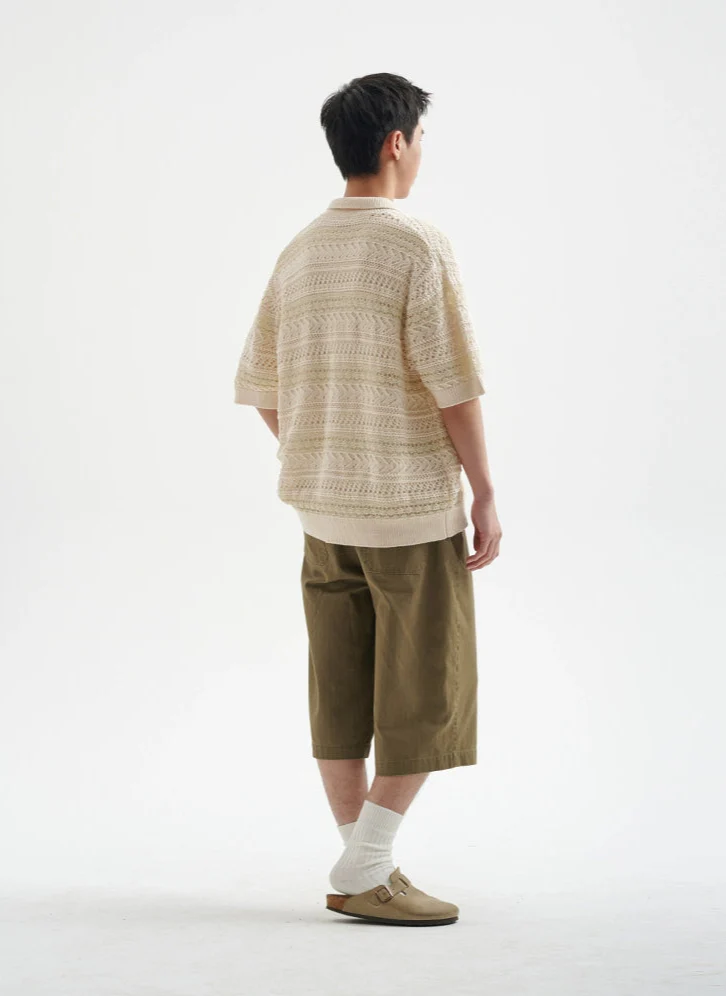 Open Knit Button-Up Shirt with Ribbed Hem - Image 4