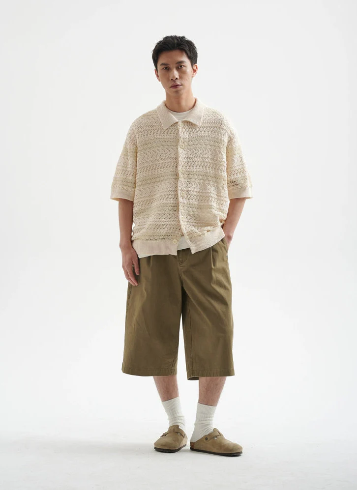 Open Knit Button-Up Shirt with Ribbed Hem - Image 5