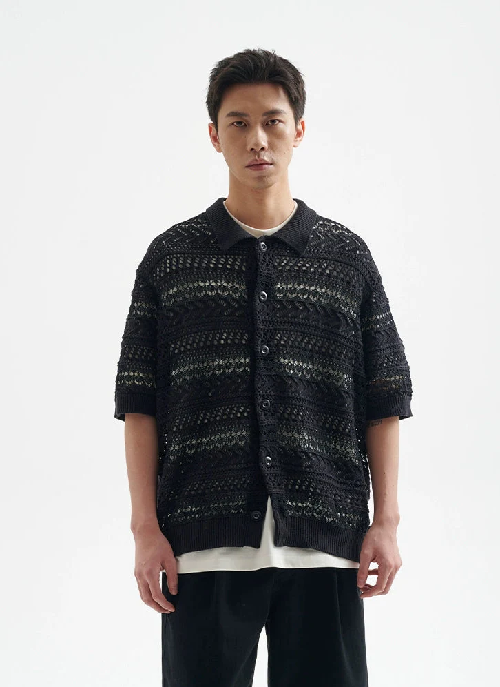 Open Knit Button-Up Shirt with Ribbed Hem - Image 6