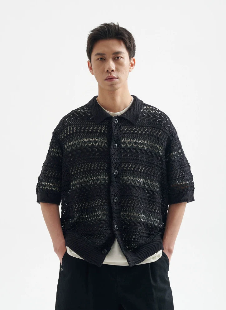 Open Knit Button-Up Shirt with Ribbed Hem - Image 7
