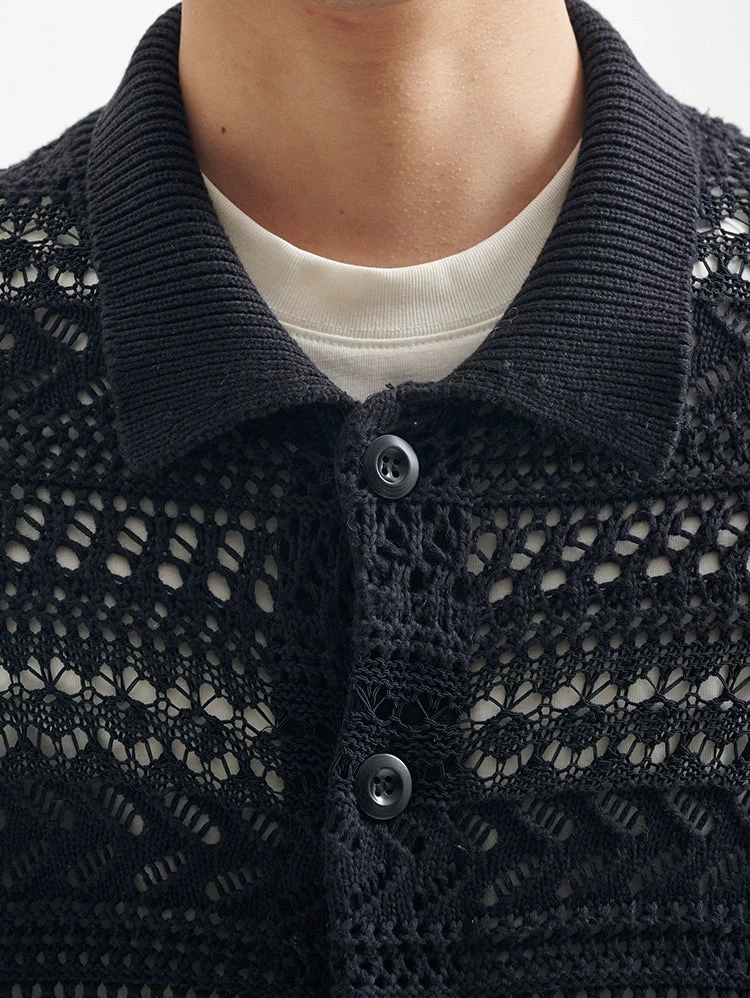 Open Knit Button-Up Shirt with Ribbed Hem - Image 8