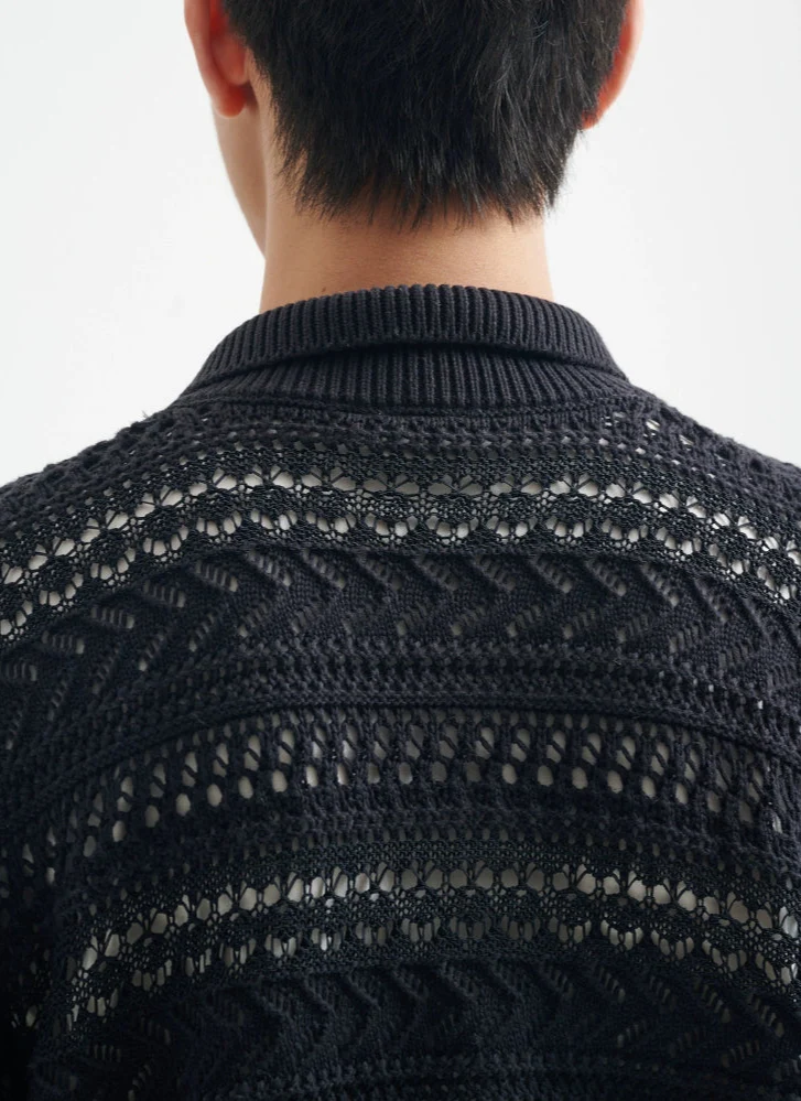 Open Knit Button-Up Shirt with Ribbed Hem - Image 9