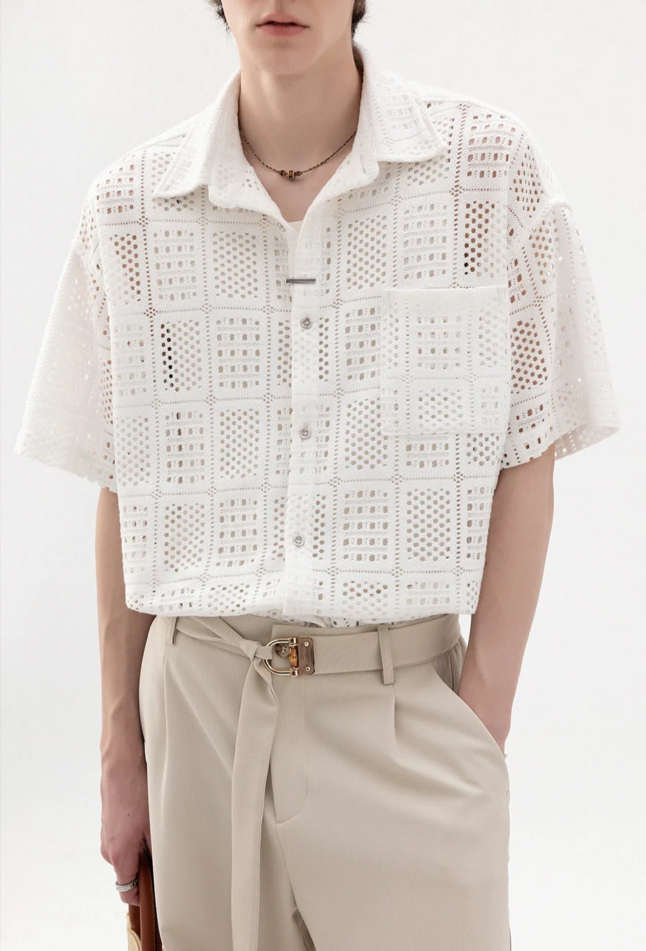 Open Knit Drop Shoulder Short Sleeve Button Shirt - Image 5
