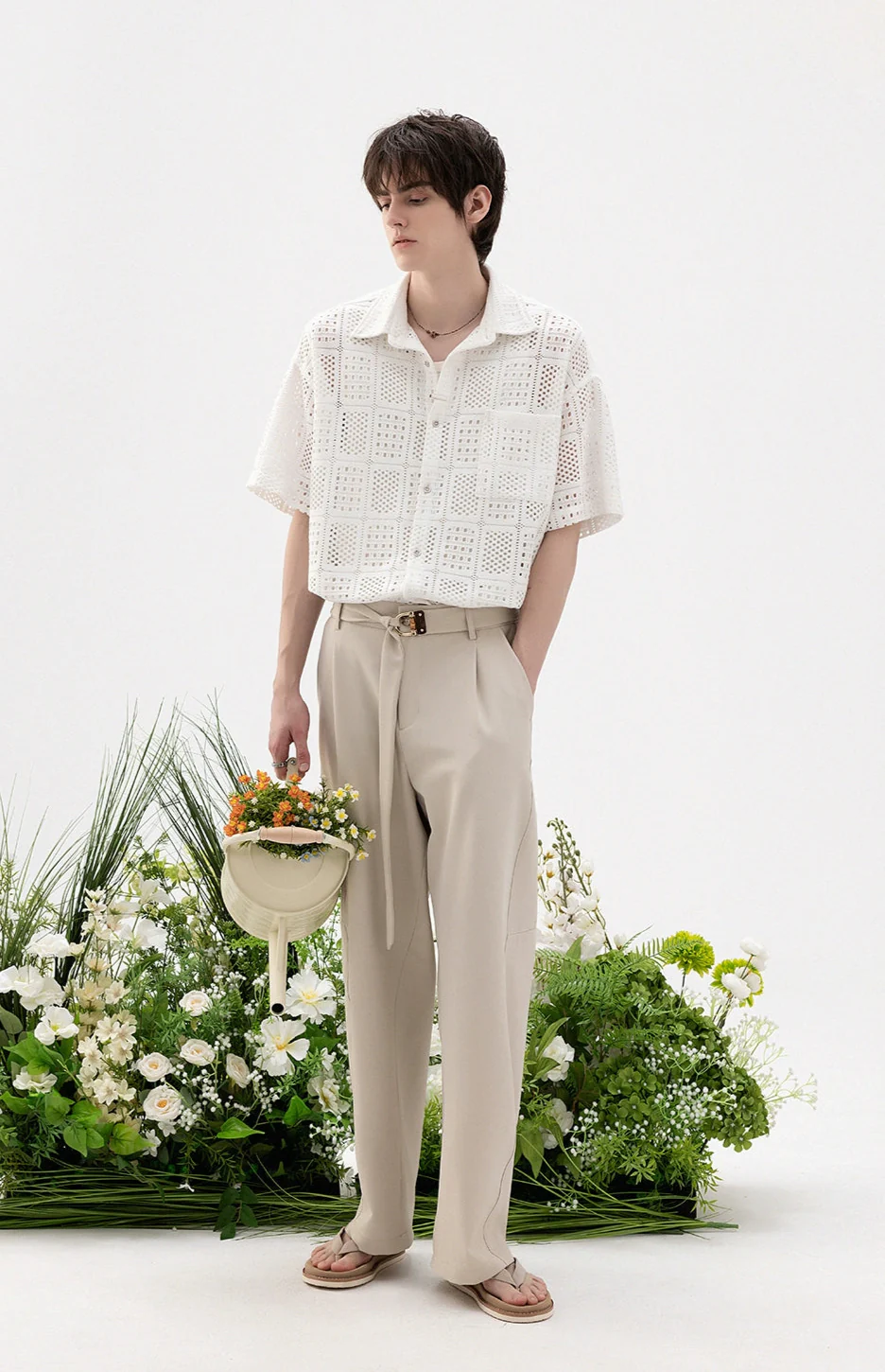 Open Knit Drop Shoulder Short Sleeve Button Shirt - Image 6