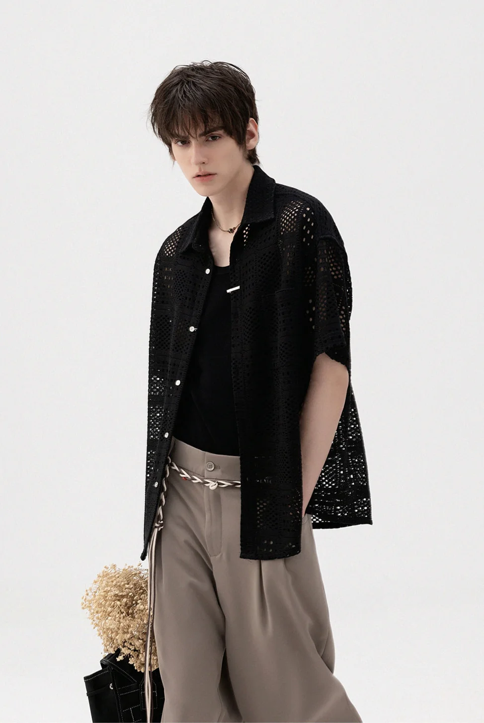 Open Knit Drop Shoulder Short Sleeve Button Shirt - Image 8