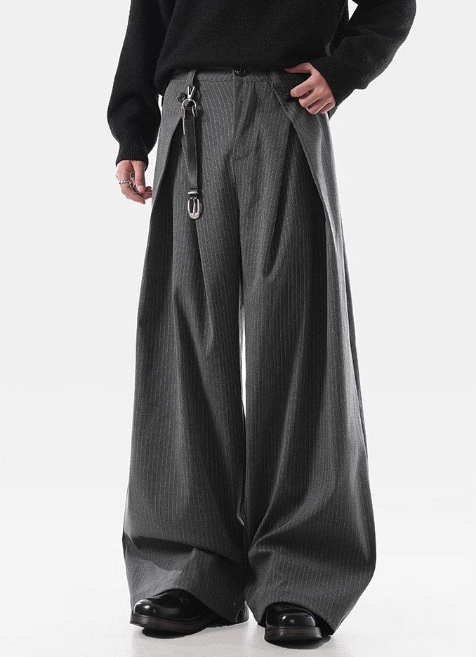 Overlap Pleated Pinstripe Wide-Leg Trousers
