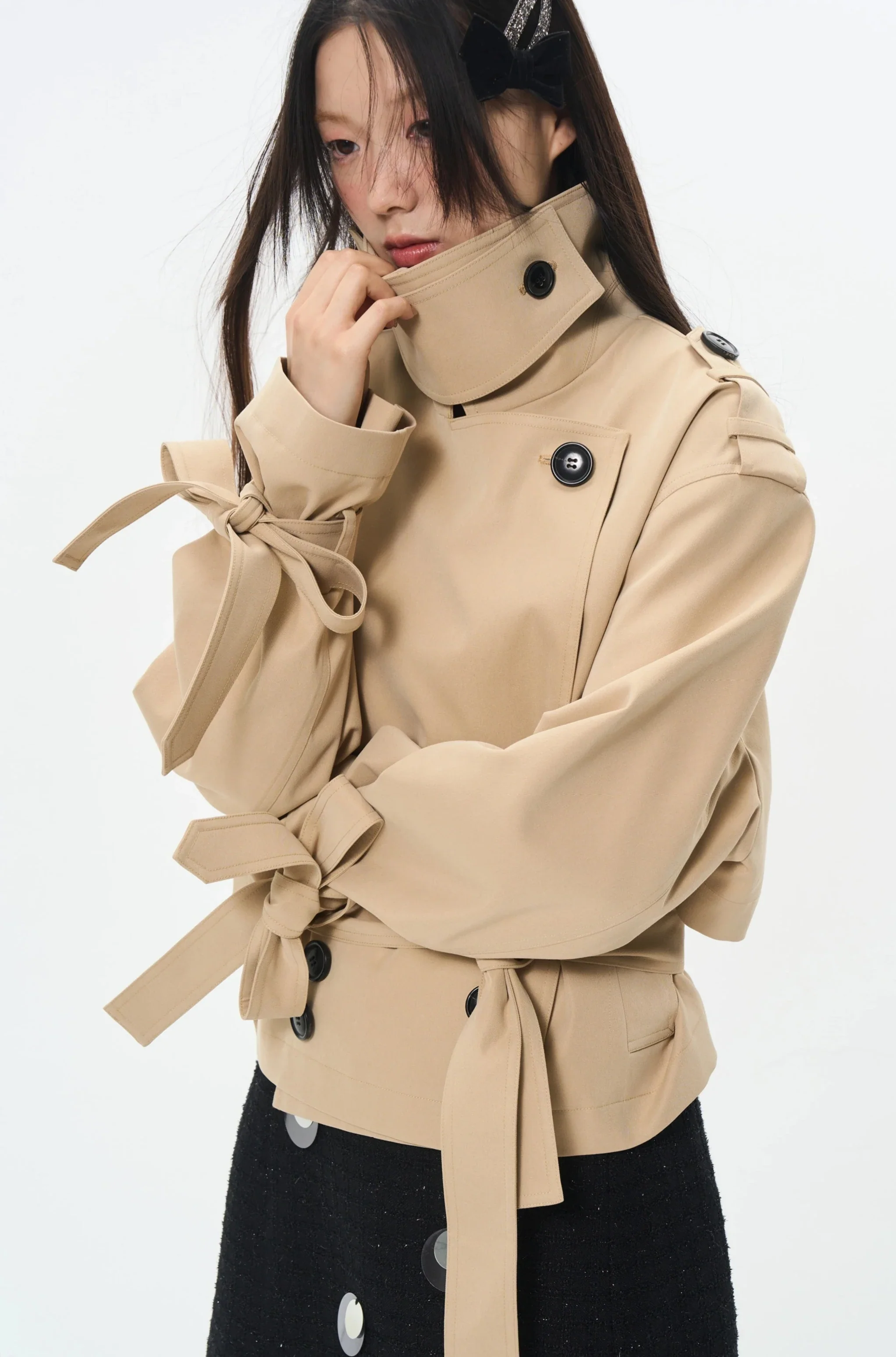 Overlapped Cropped Trench Coat with Belt - Image 3