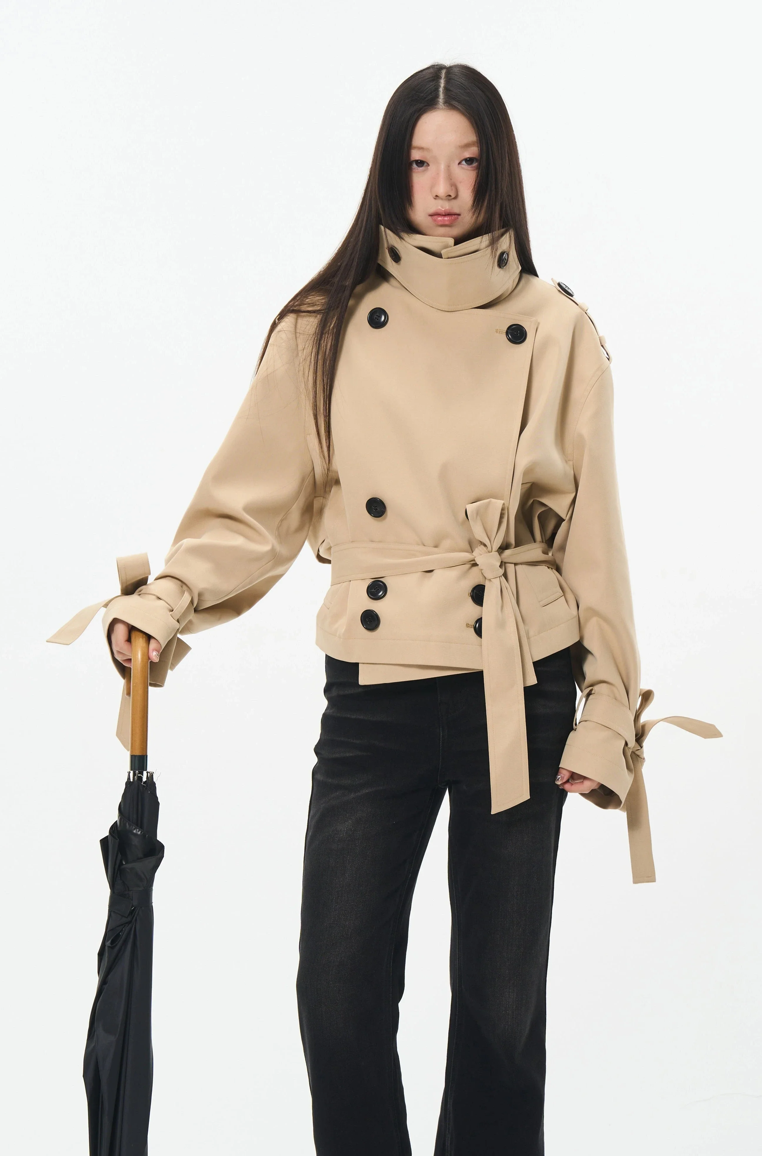 Overlapped Cropped Trench Coat with Belt - Image 9