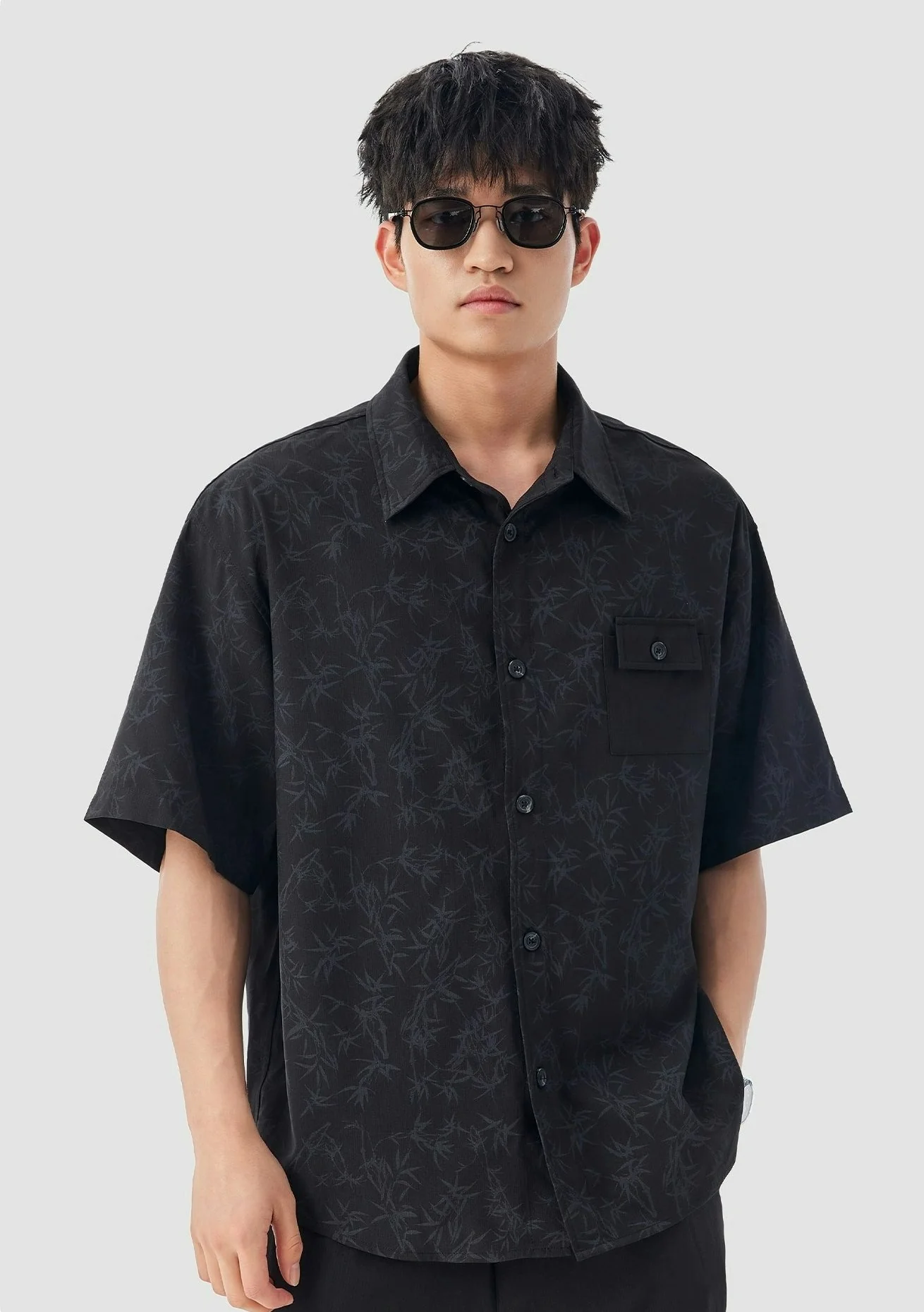 Oversized Bamboo Print Short Sleeve Button-up Shirt - Image 11