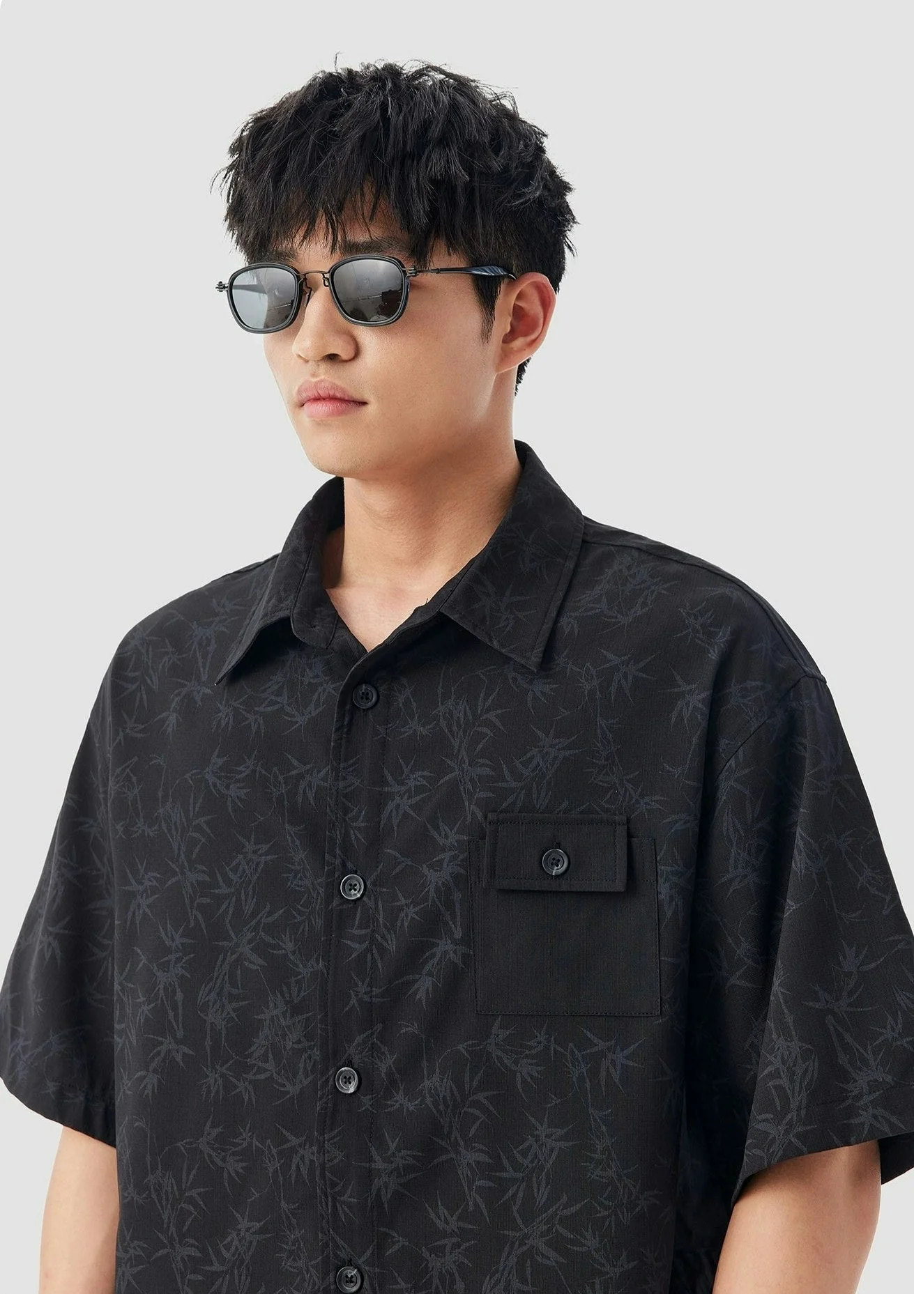 Oversized Bamboo Print Short Sleeve Button-up Shirt - Image 12