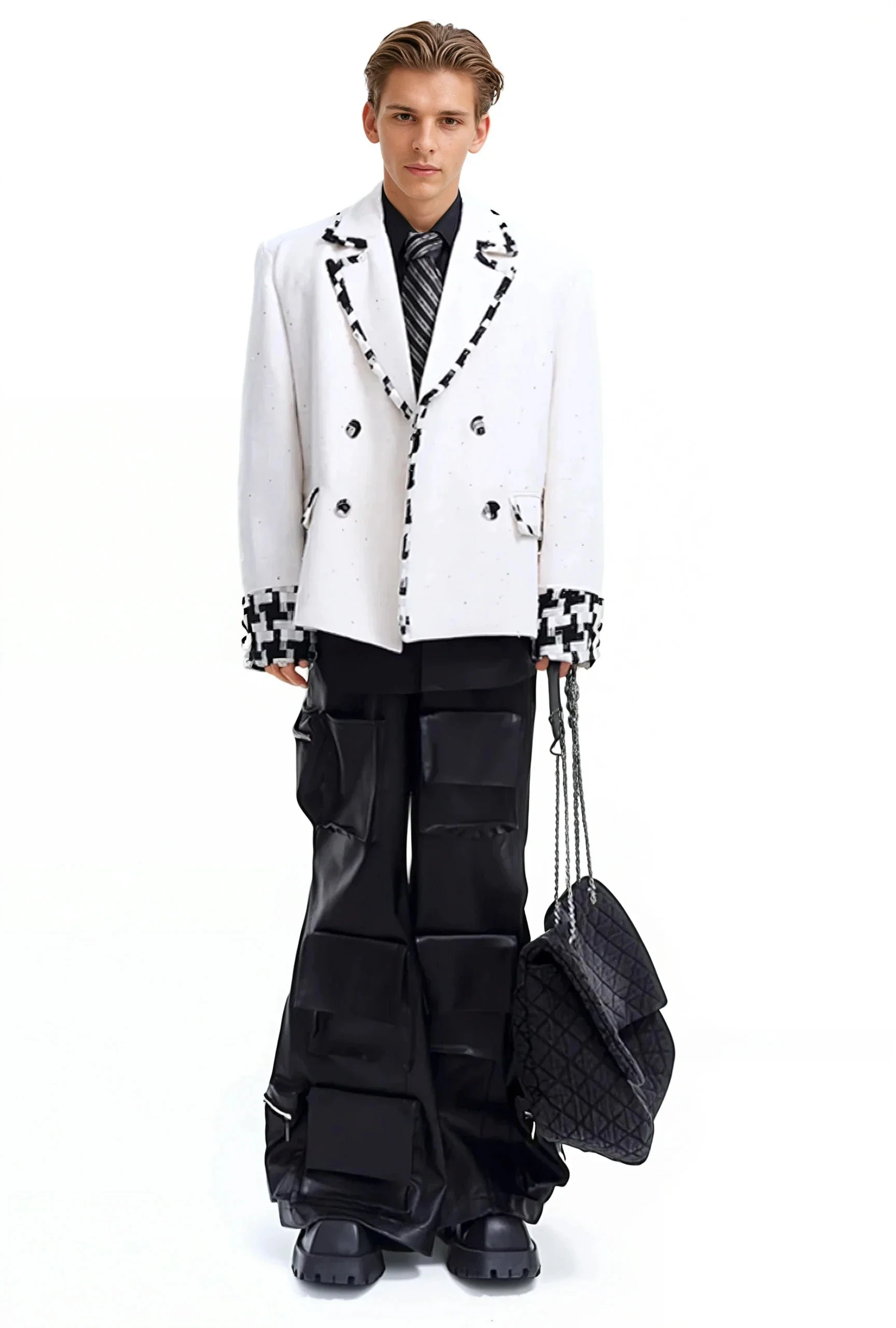 Oversized Blazer Jacket with Contrast Tweed Trim Details - Image 6