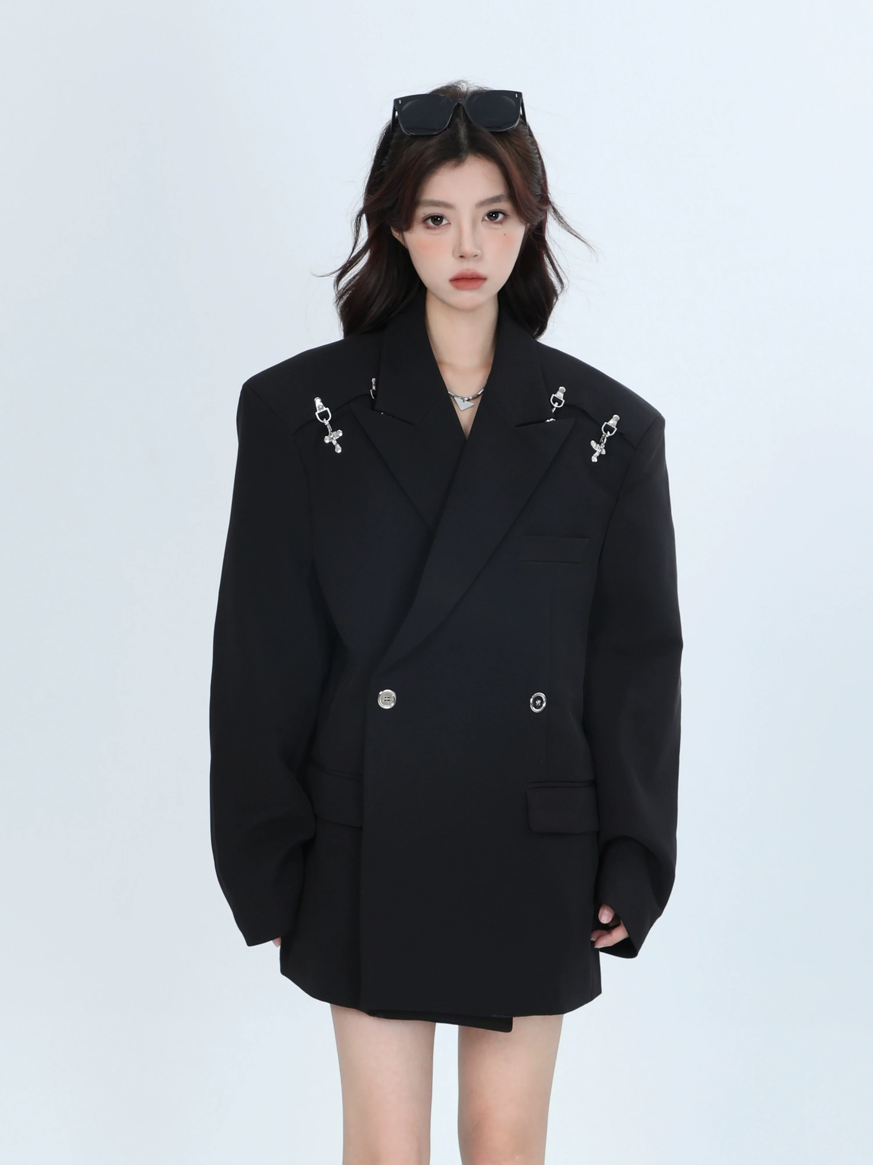 Oversized Blazer with Silver Metal Accents Brooch Details - Image 3