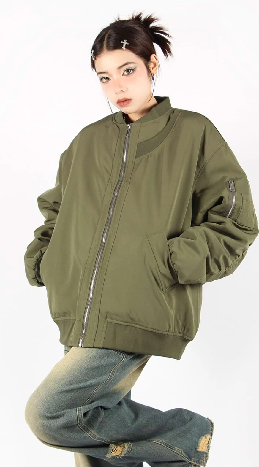 Oversized Bomber Jacket with Sleeve Pocket - Image 4