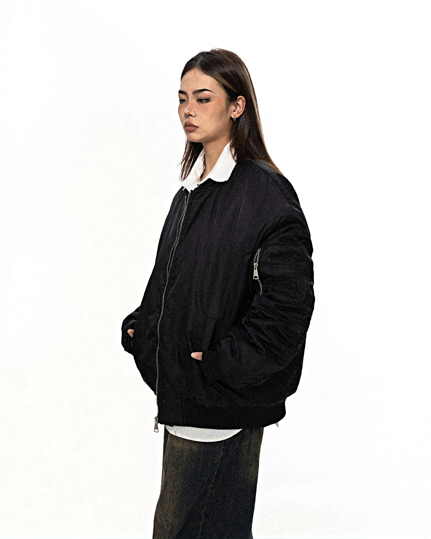Oversized Bomber Jacket with Zip Pocket Detail - Image 2