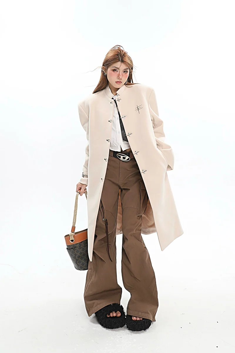 Oversized Boxy Faux-Wool Coat with Silver Clasp Buckles - Image 5
