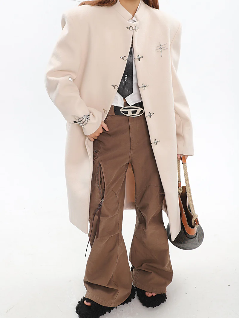 Oversized Boxy Faux-Wool Coat with Silver Clasp Buckles - Image 7