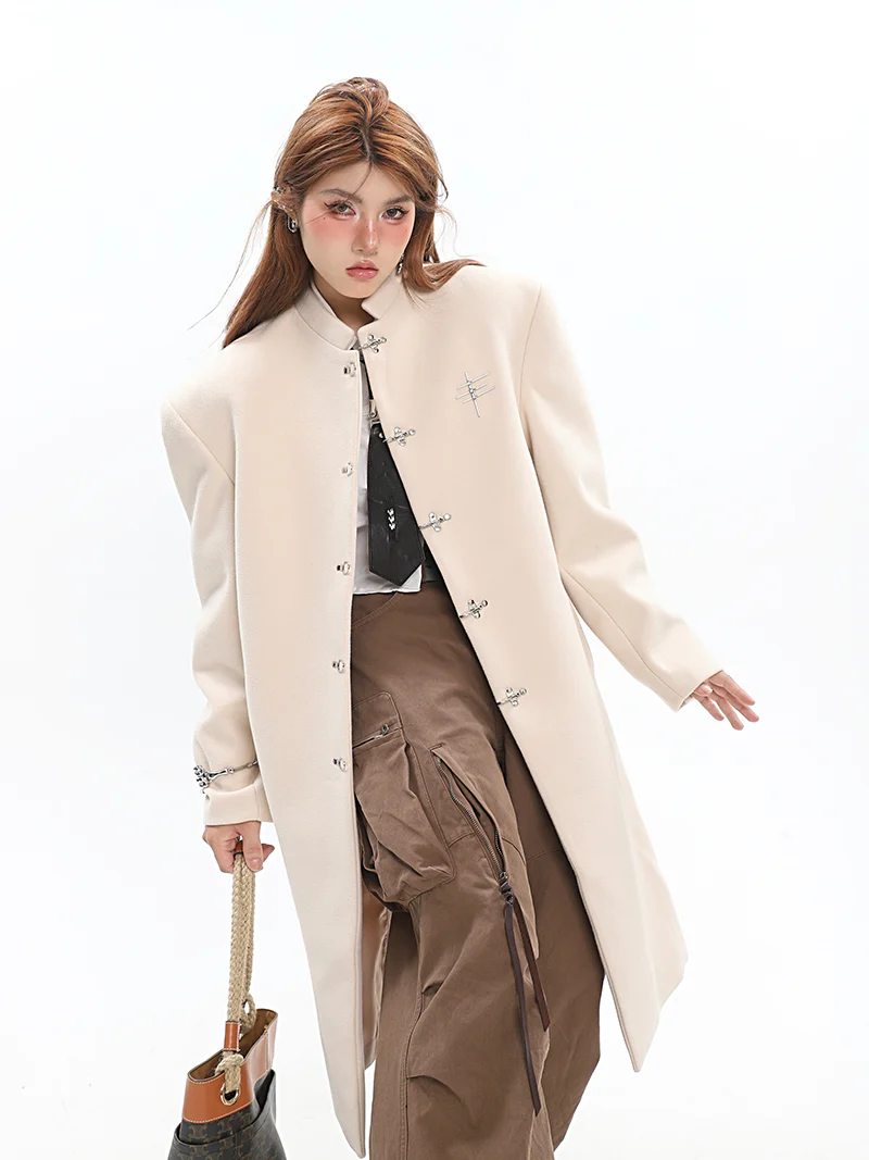 Oversized Boxy Faux-Wool Coat with Silver Clasp Buckles - Image 9