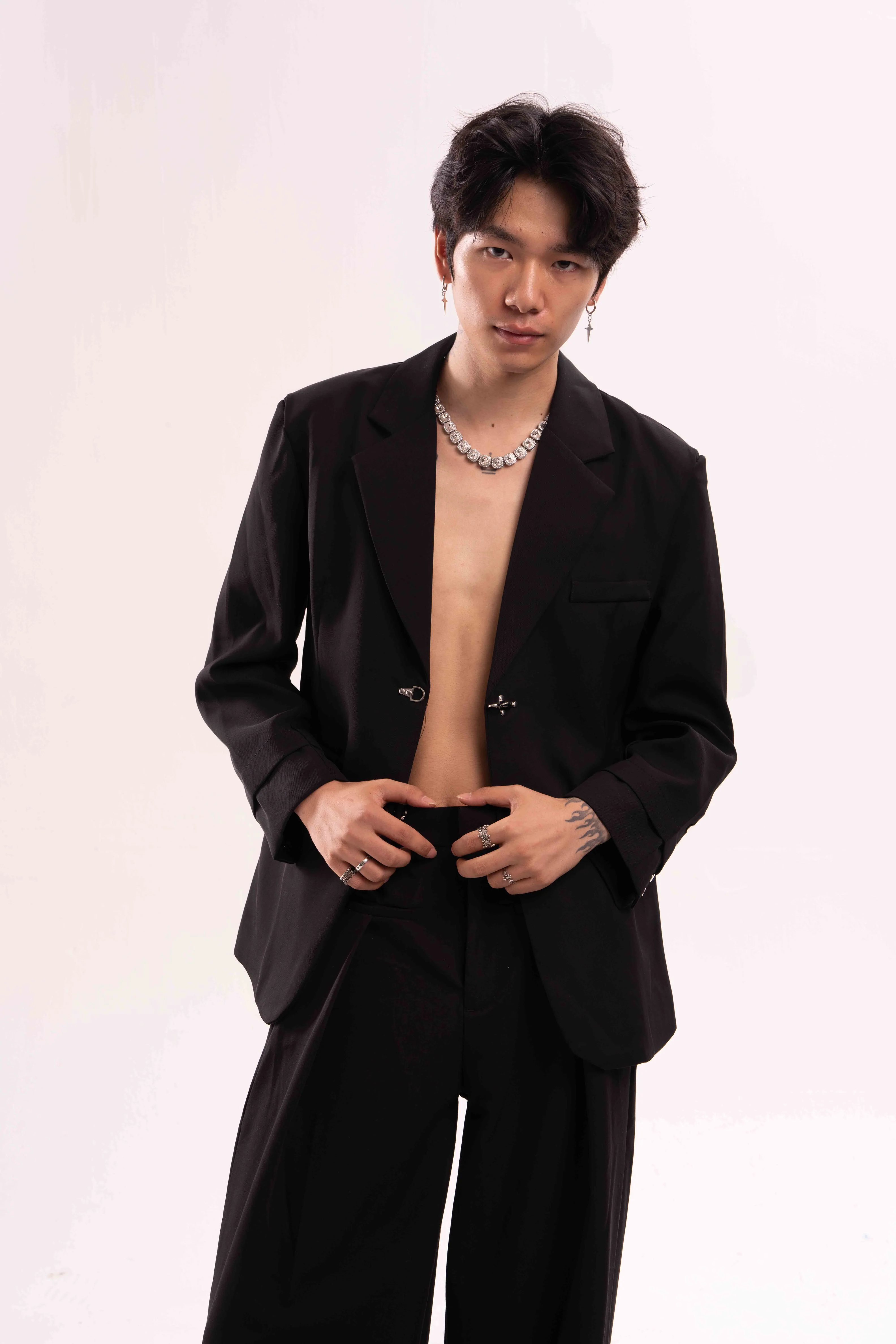 Oversized Buckled Blazer with Silver Accents and Mock-Layered Sleeves - Image 8