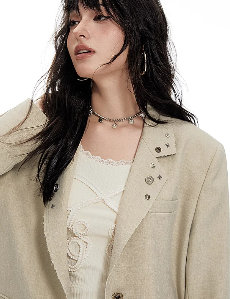 Oversized Button Detail Blazer with Notched Lapel - Image 5
