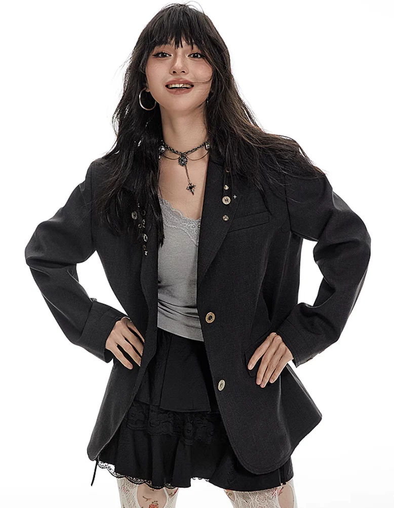 Oversized Button Detail Blazer with Notched Lapel - Image 8
