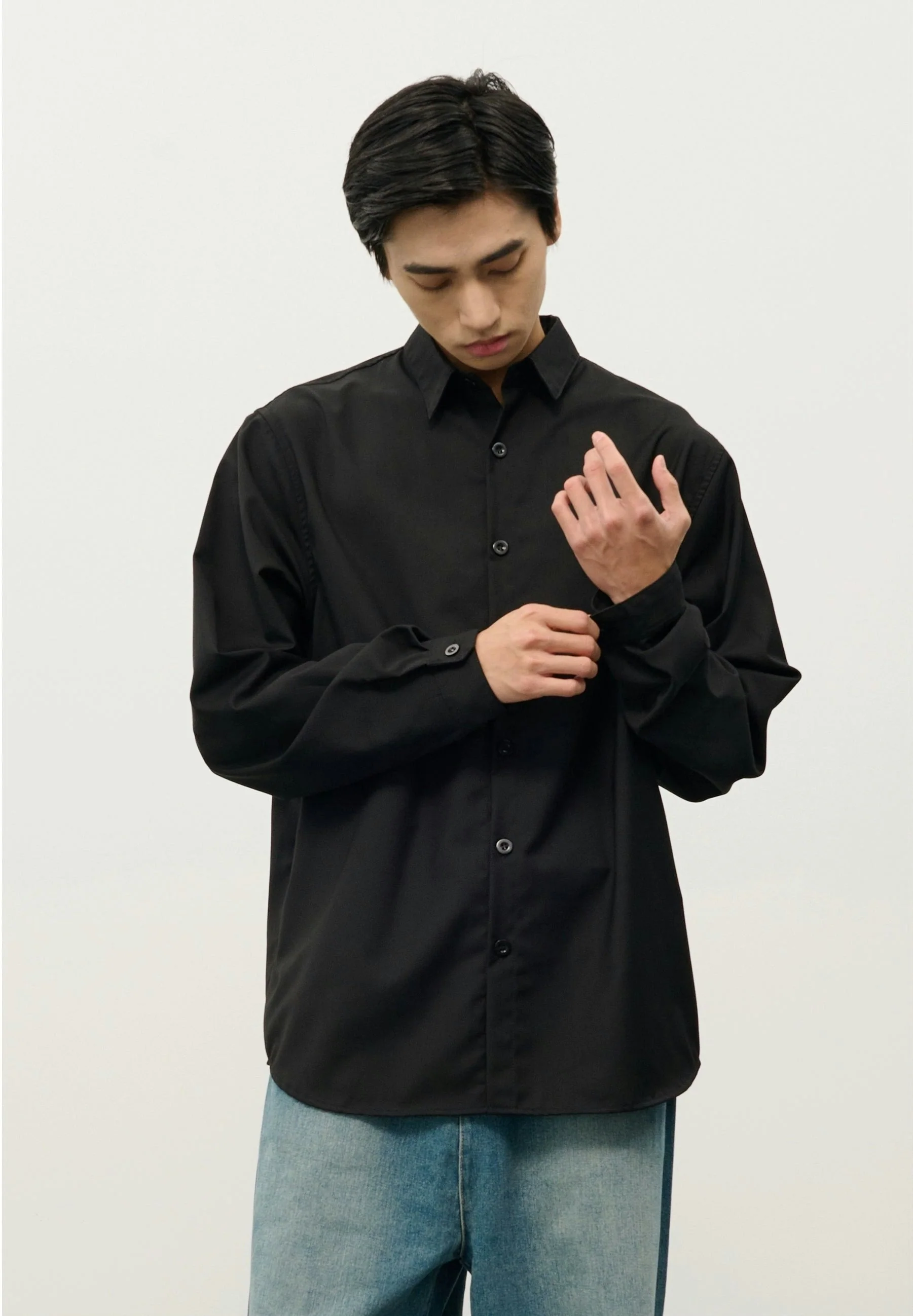 Oversized Button-Down Shirt with Stand Collar - Image 13