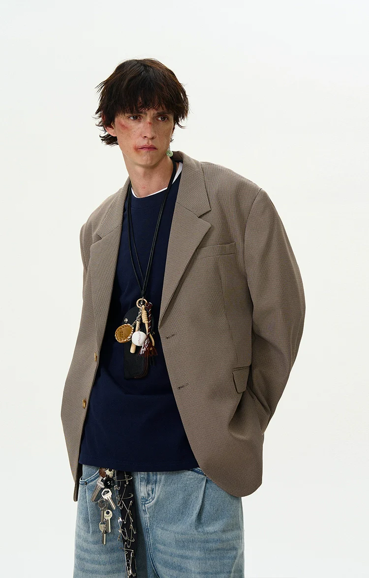 Oversized Checker Single-Breasted Blazer with Flap Pockets - Image 3