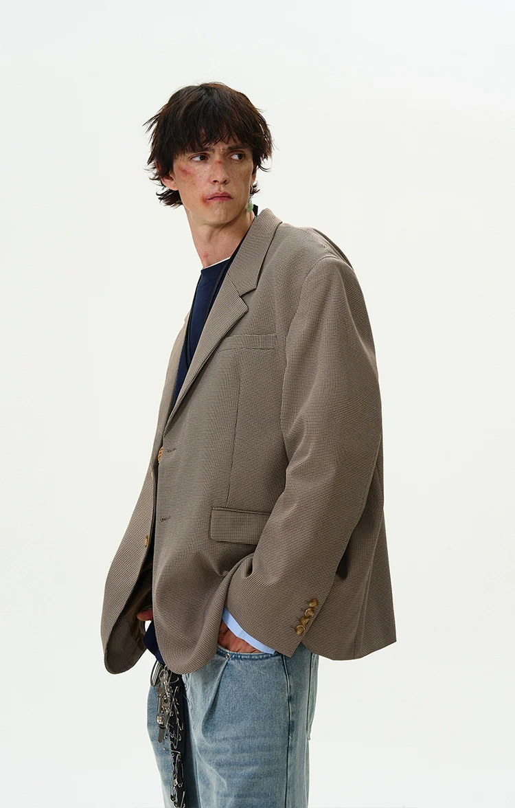 Oversized Checker Single-Breasted Blazer with Flap Pockets - Image 4