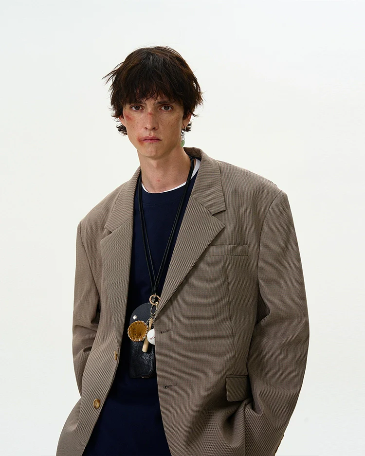 Oversized Checker Single-Breasted Blazer with Flap Pockets - Image 5