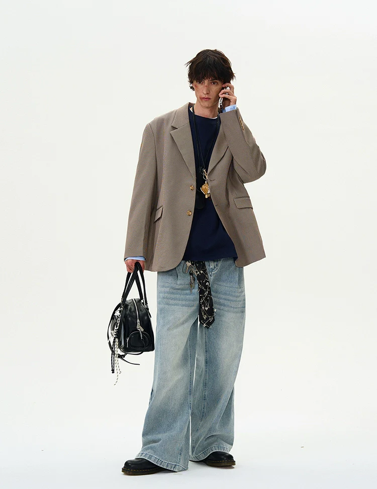 Oversized Checker Single-Breasted Blazer with Flap Pockets - Image 6
