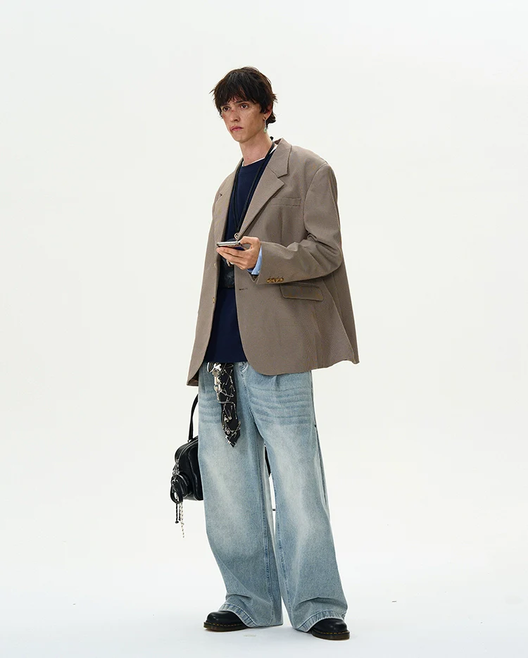 Oversized Checker Single-Breasted Blazer with Flap Pockets - Image 7