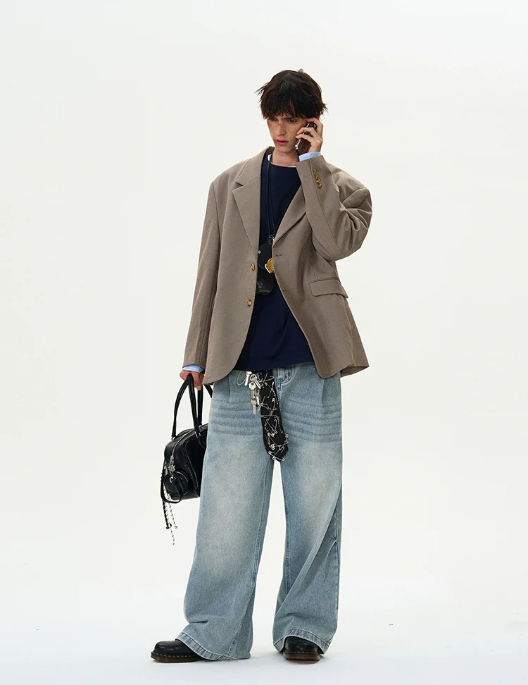 Oversized Checker Single-Breasted Blazer with Flap Pockets - Image 8