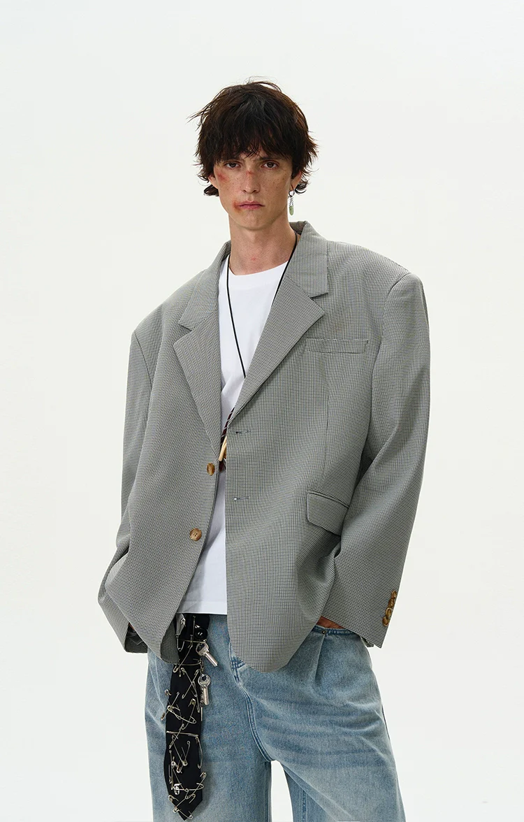 Oversized Checker Single-Breasted Blazer with Flap Pockets - Image 9
