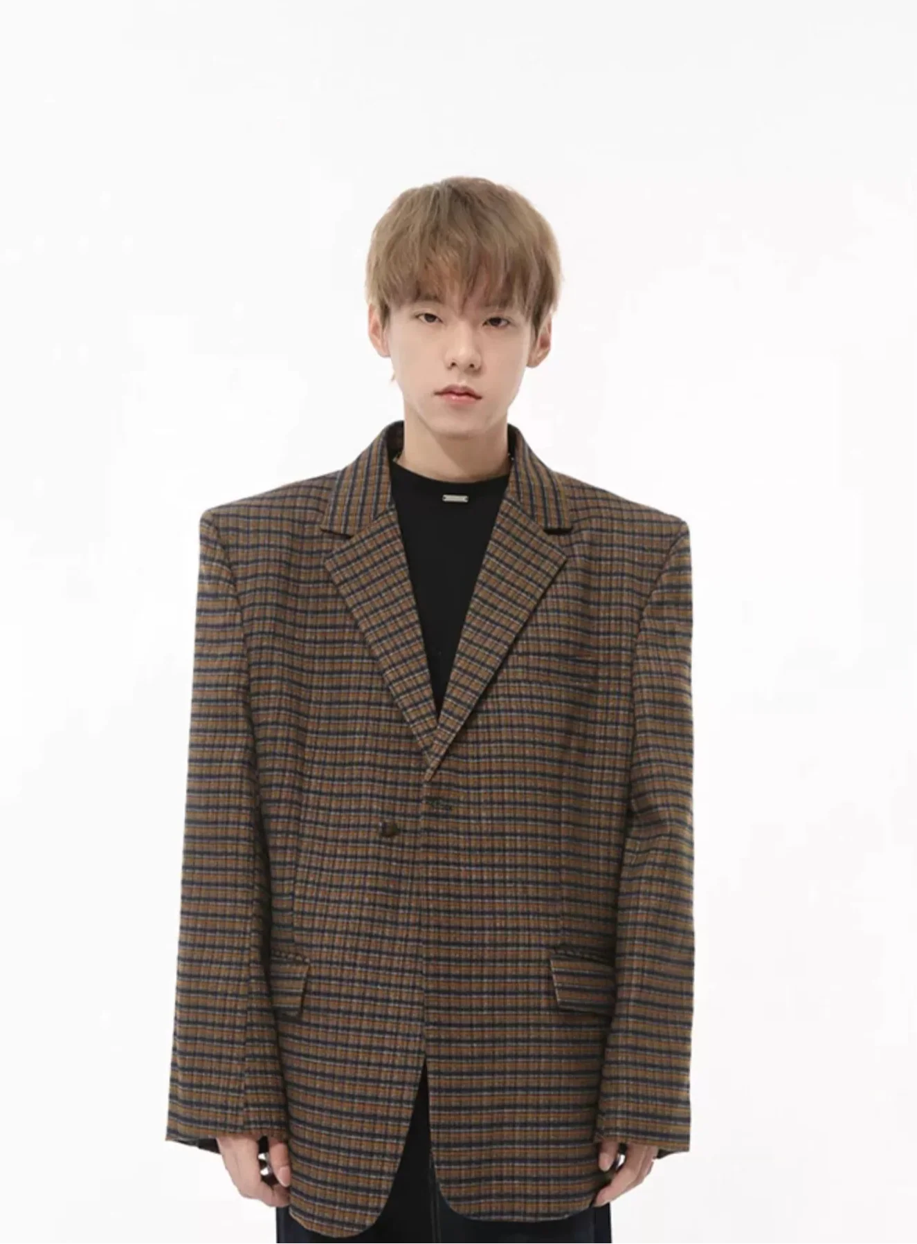 Oversized Checkered Single Breasted Blazer with Structured Shoulders
