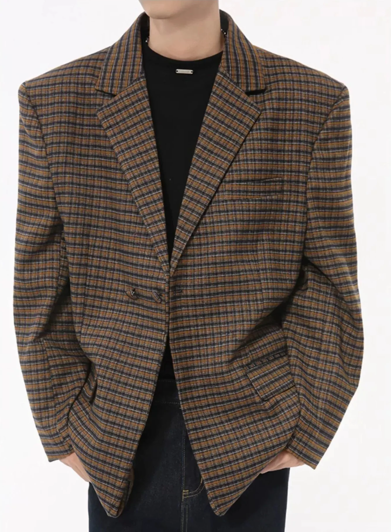 Oversized Checkered Single Breasted Blazer with Structured Shoulders - Image 7