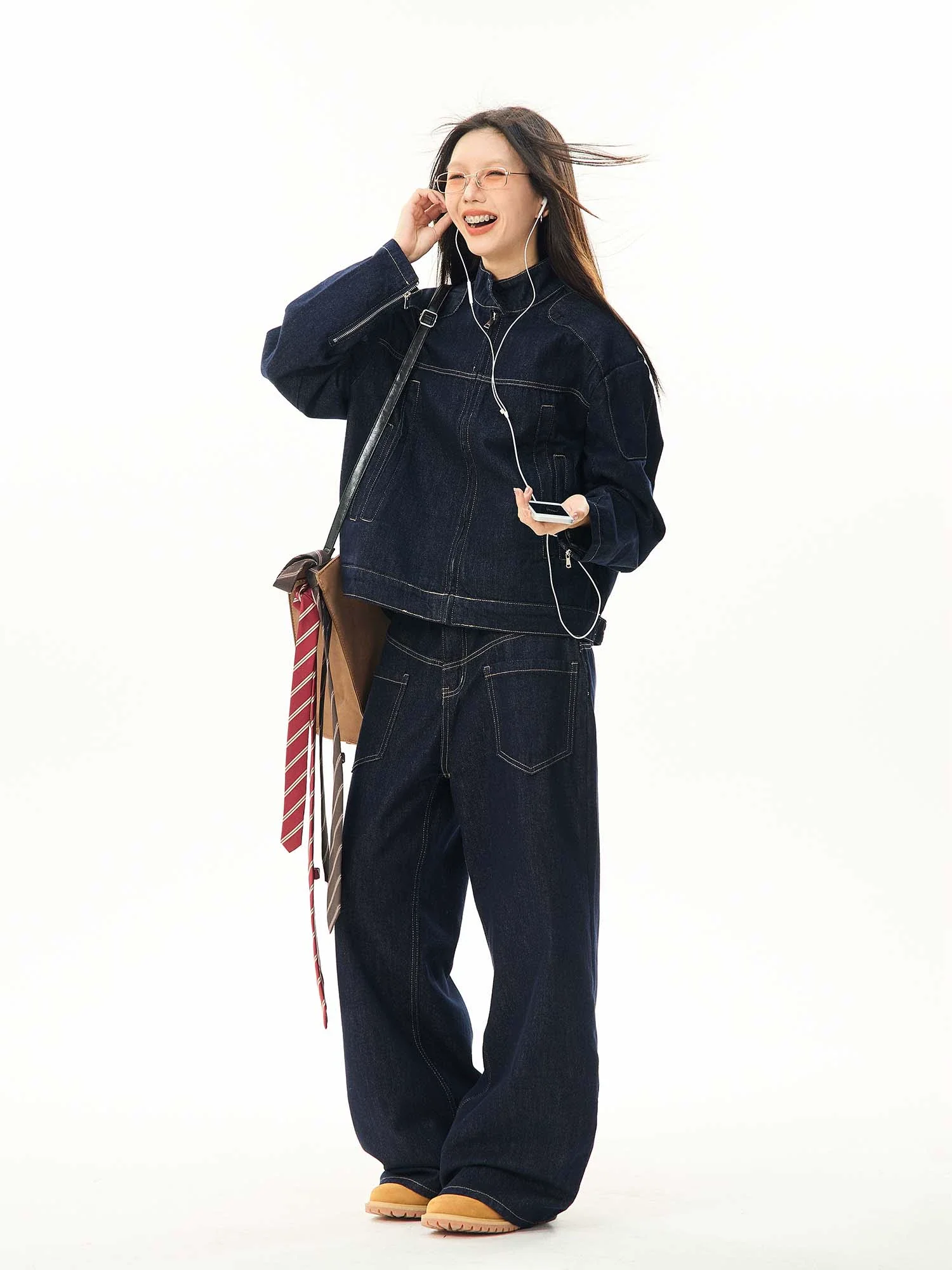 Oversized Contrast Stitch Denim Zip Jacket - Image 11