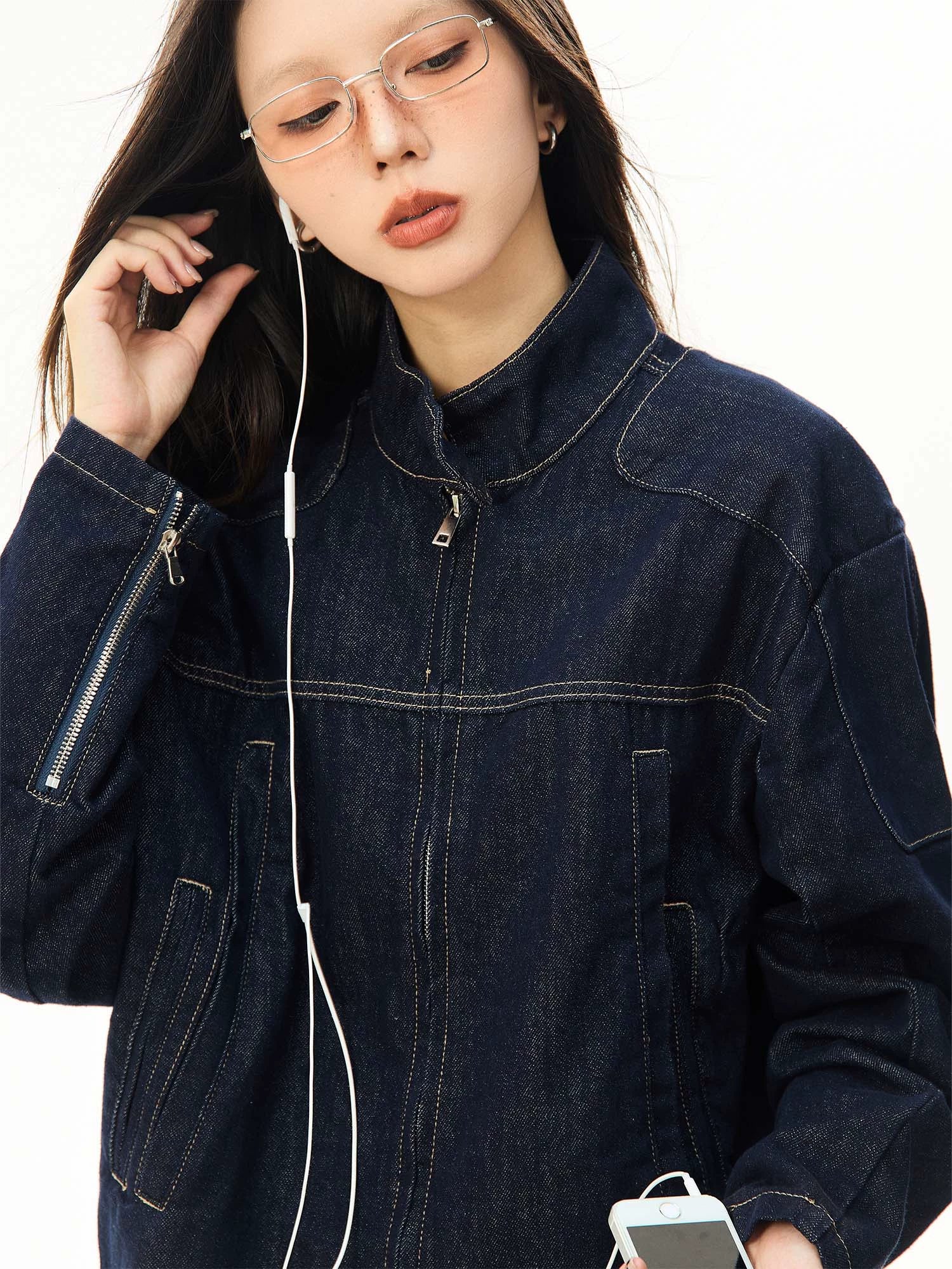 Oversized Contrast Stitch Denim Zip Jacket - Image 6