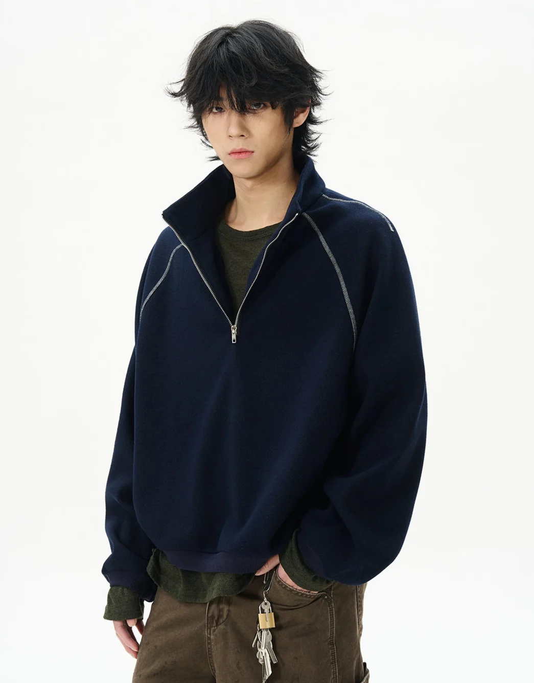 Oversized Contrast-Stitch Quarter Zip Sweatshirt - Image 2