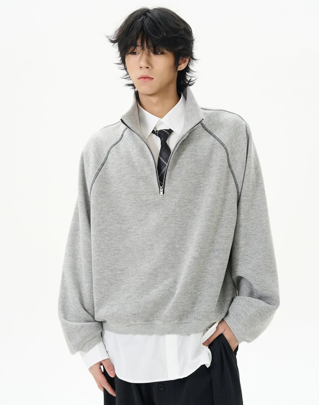 Oversized Contrast-Stitch Quarter Zip Sweatshirt - Image 6