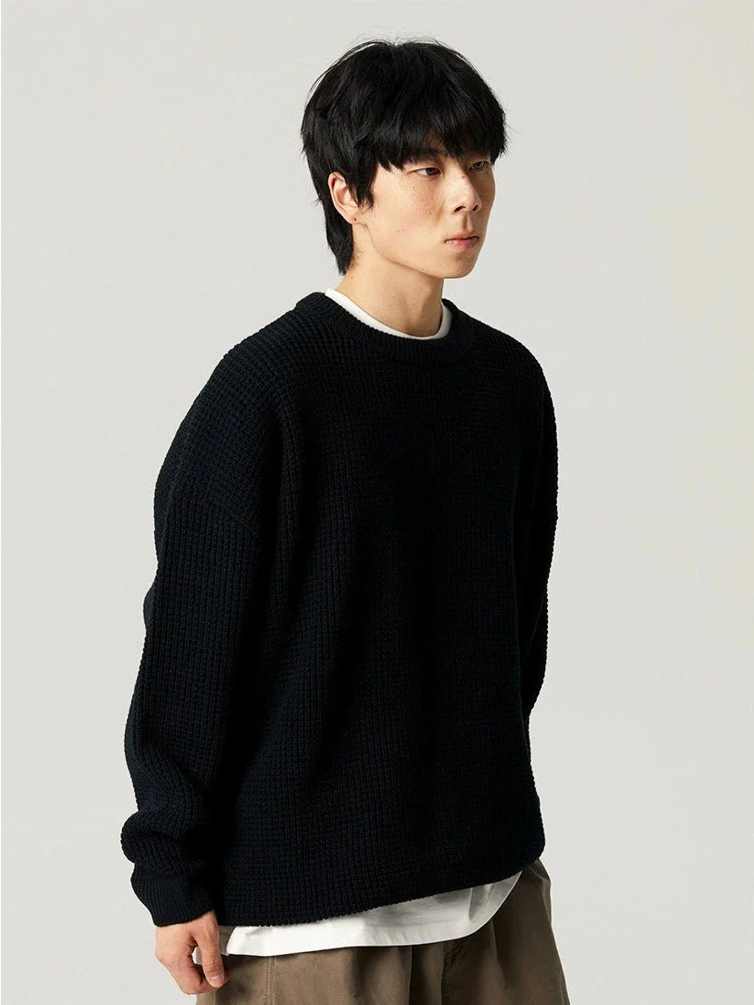 Oversized Crewneck Waffle-Weave Knit Sweater - Image 15