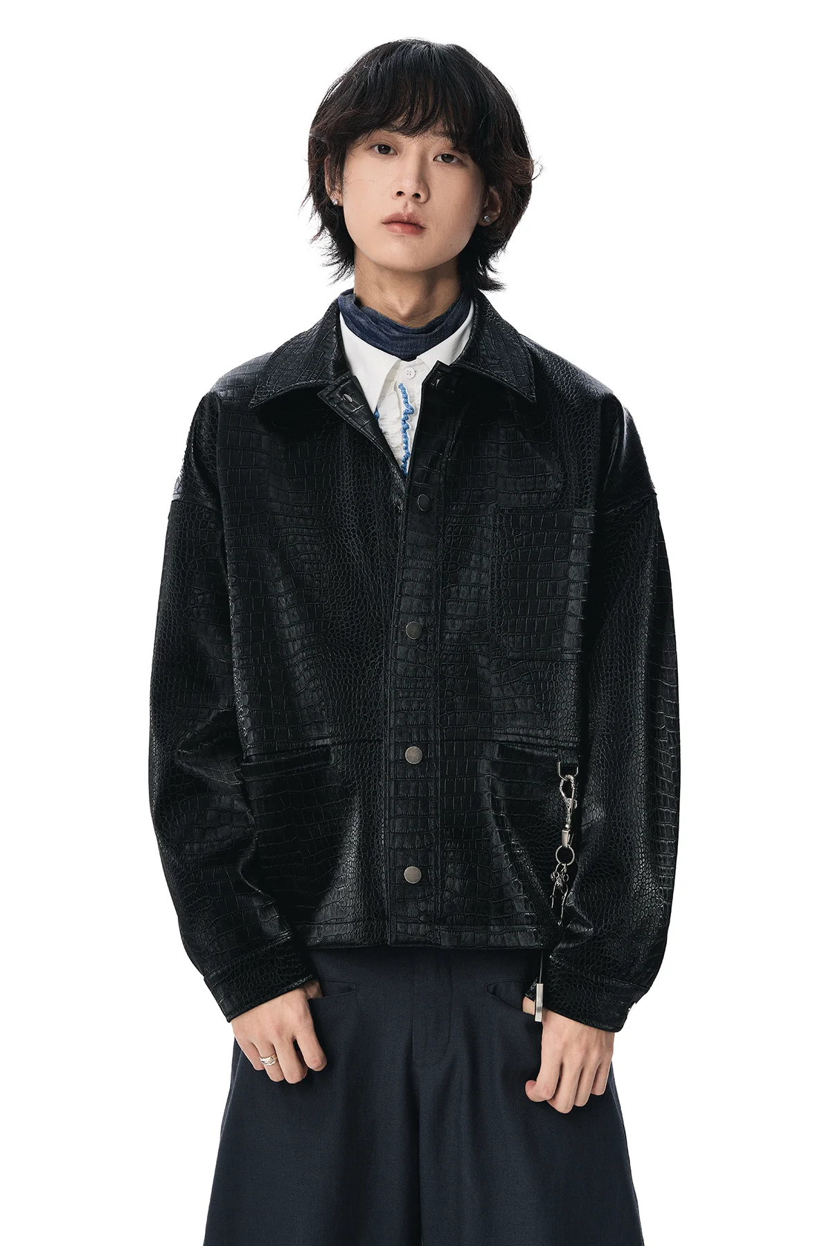 Oversized Crocodile Pattern Faux Leather Snap Button Jacket