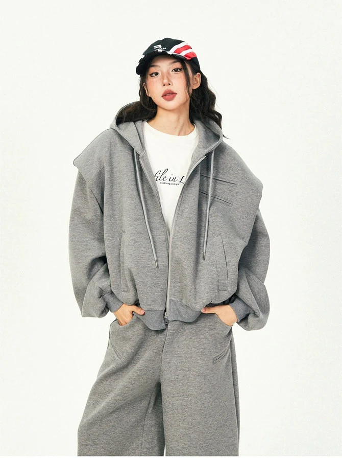 Oversized Cropped Zip Hoodie and Wide-Leg Pants Tracksuit Set - Image 5