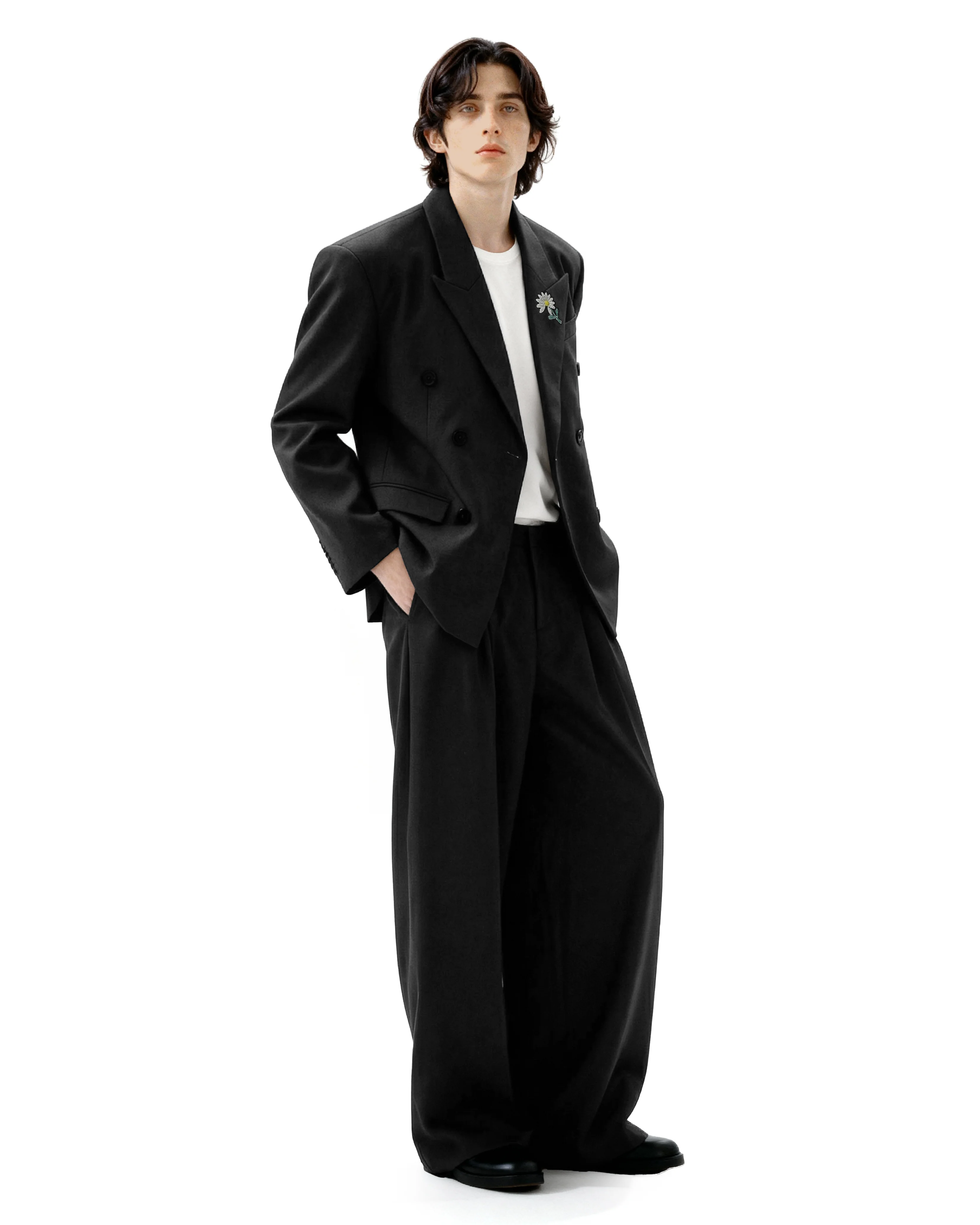 Oversized Double-Breasted Brooch Blazer and Wide-Leg Trousers Set - Image 10
