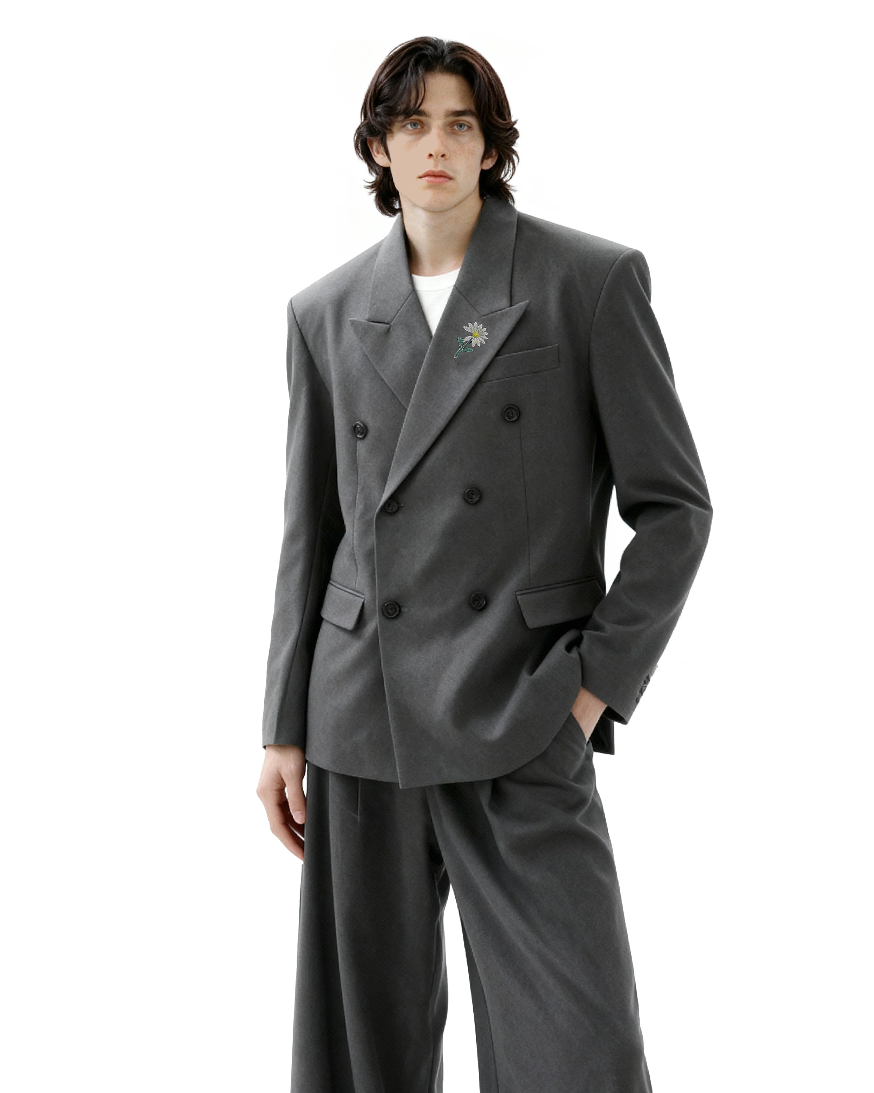 Oversized Double-Breasted Brooch Blazer and Wide-Leg Trousers Set - Image 15