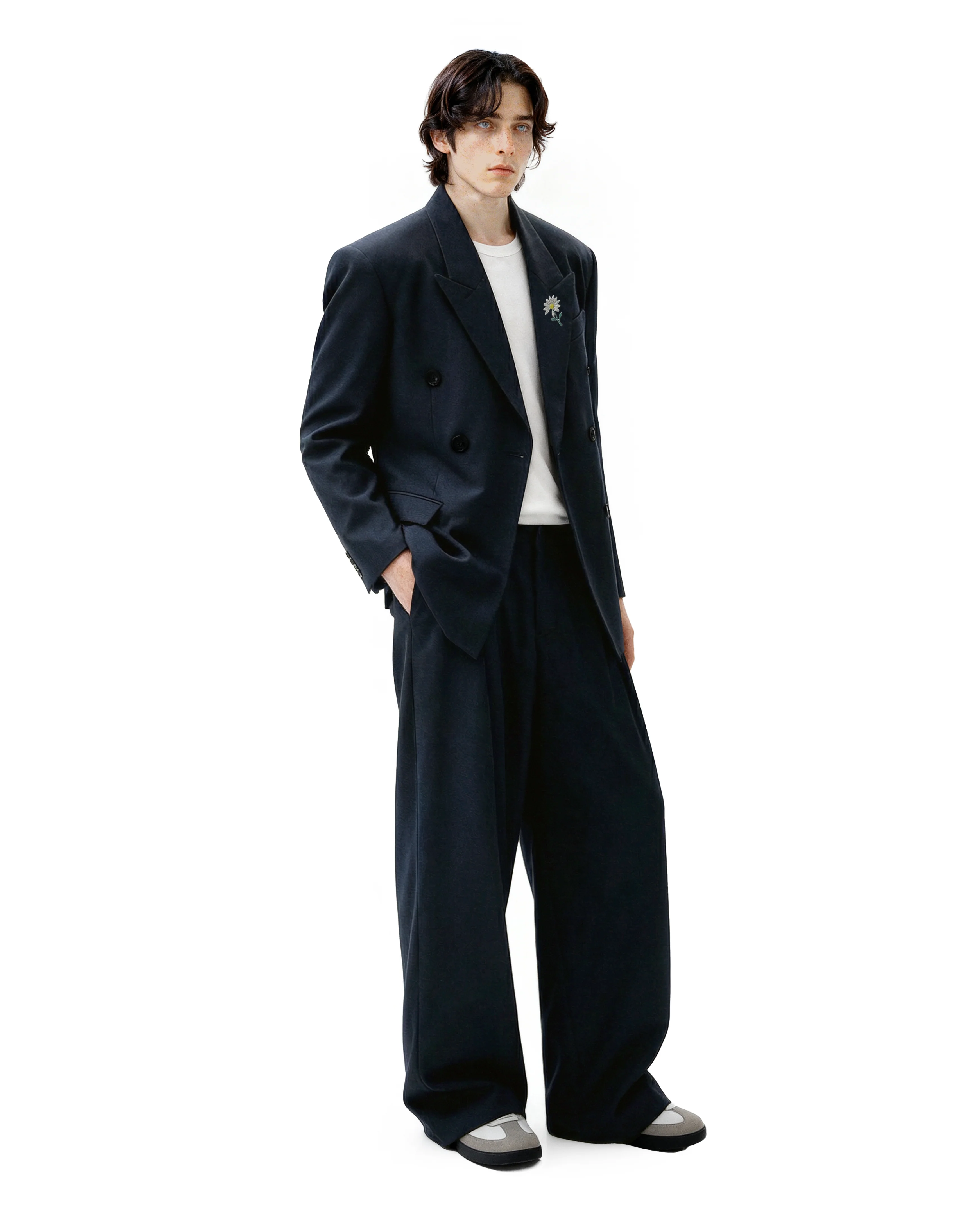 Oversized Double-Breasted Brooch Blazer and Wide-Leg Trousers Set - Image 3